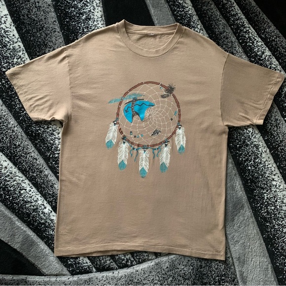 Vintage 90s Single Stitch Native American Dream Catcher Blue Bear Tan T-shirt - Picture 7 of 7